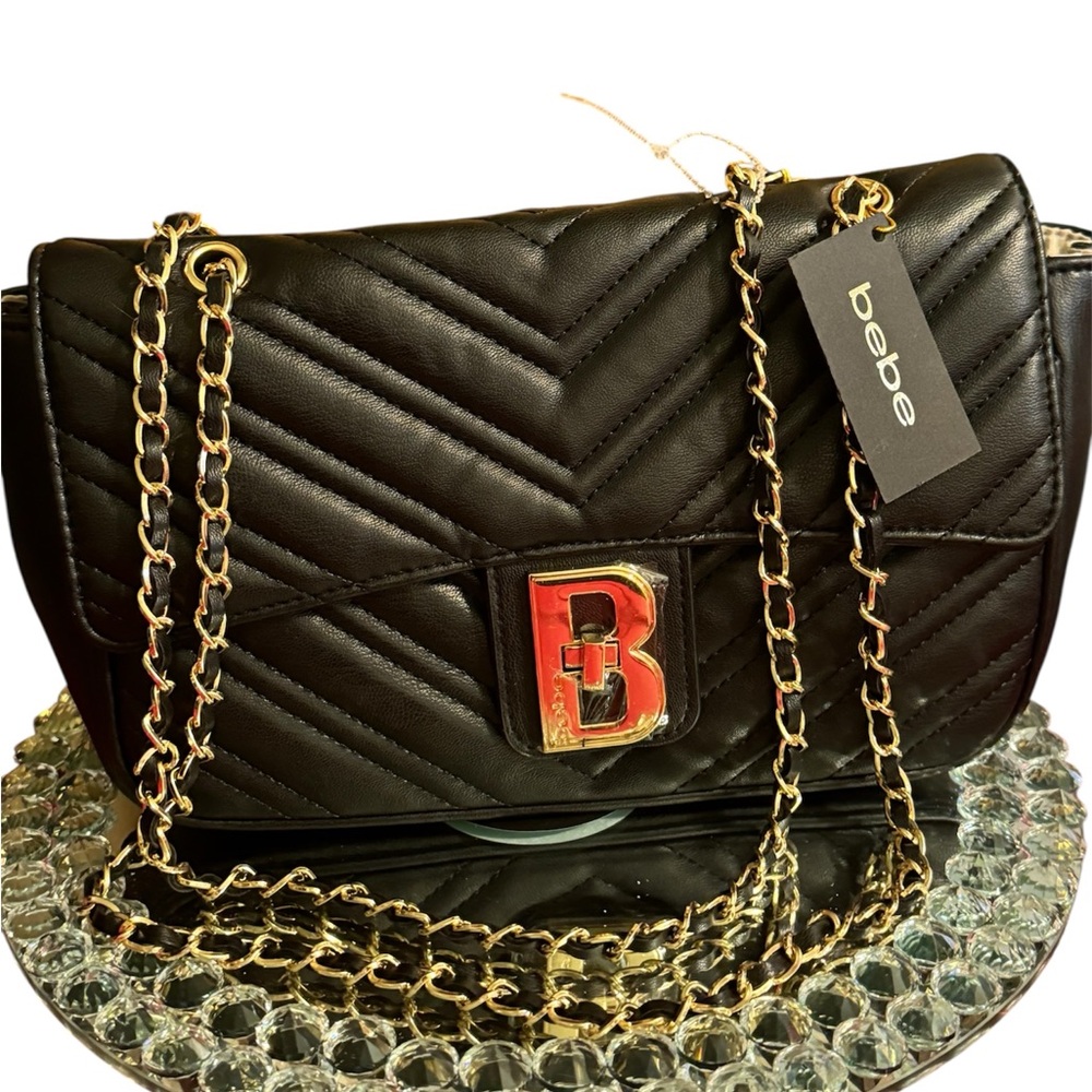 Bebe Black Chevron Quilted Shoulder Bag with Gold Chain